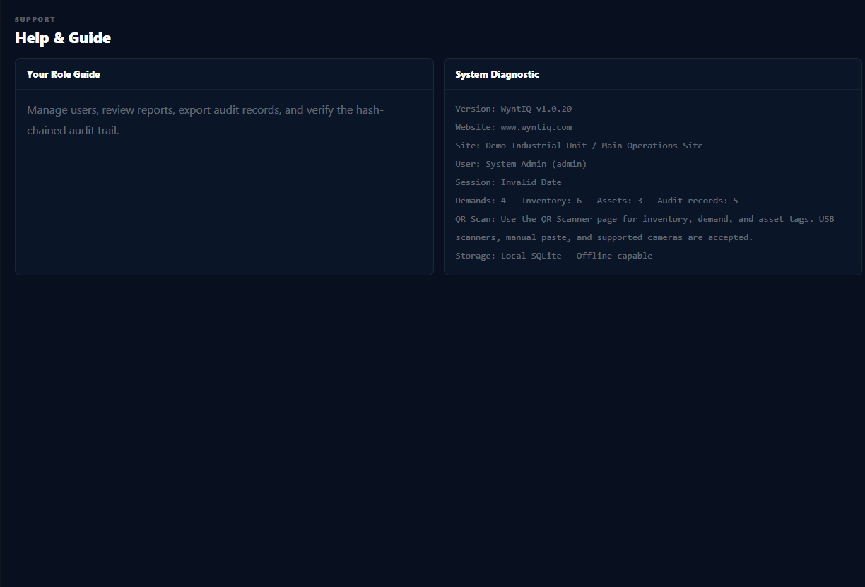 WyntIQ help screen showing role guide and system diagnostic