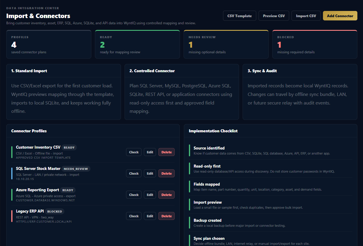WyntIQ import center showing connector profiles and implementation checklist