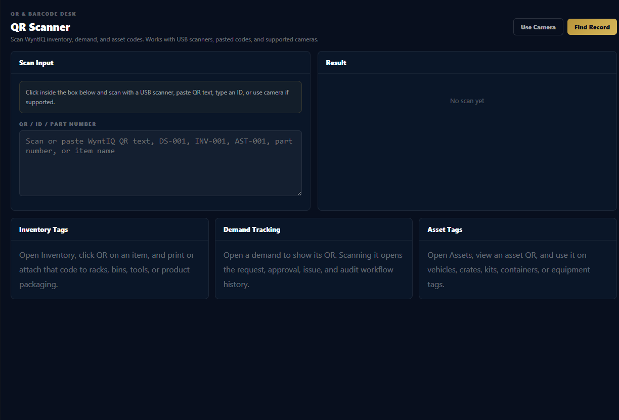 WyntIQ QR scanner screen for inventory, demand, and asset code lookup